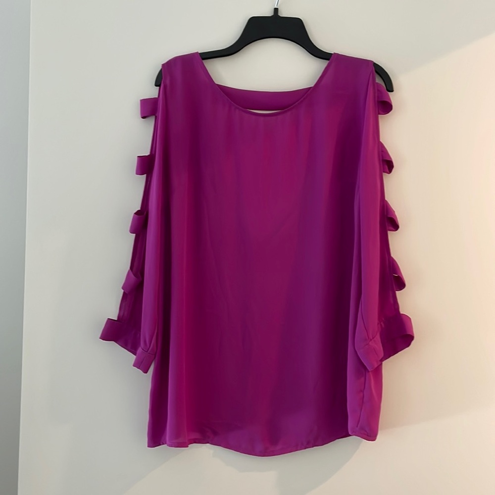Long Sleeve Purple Top, Sleeve Cut Outs, Low Back Blouse - Size L